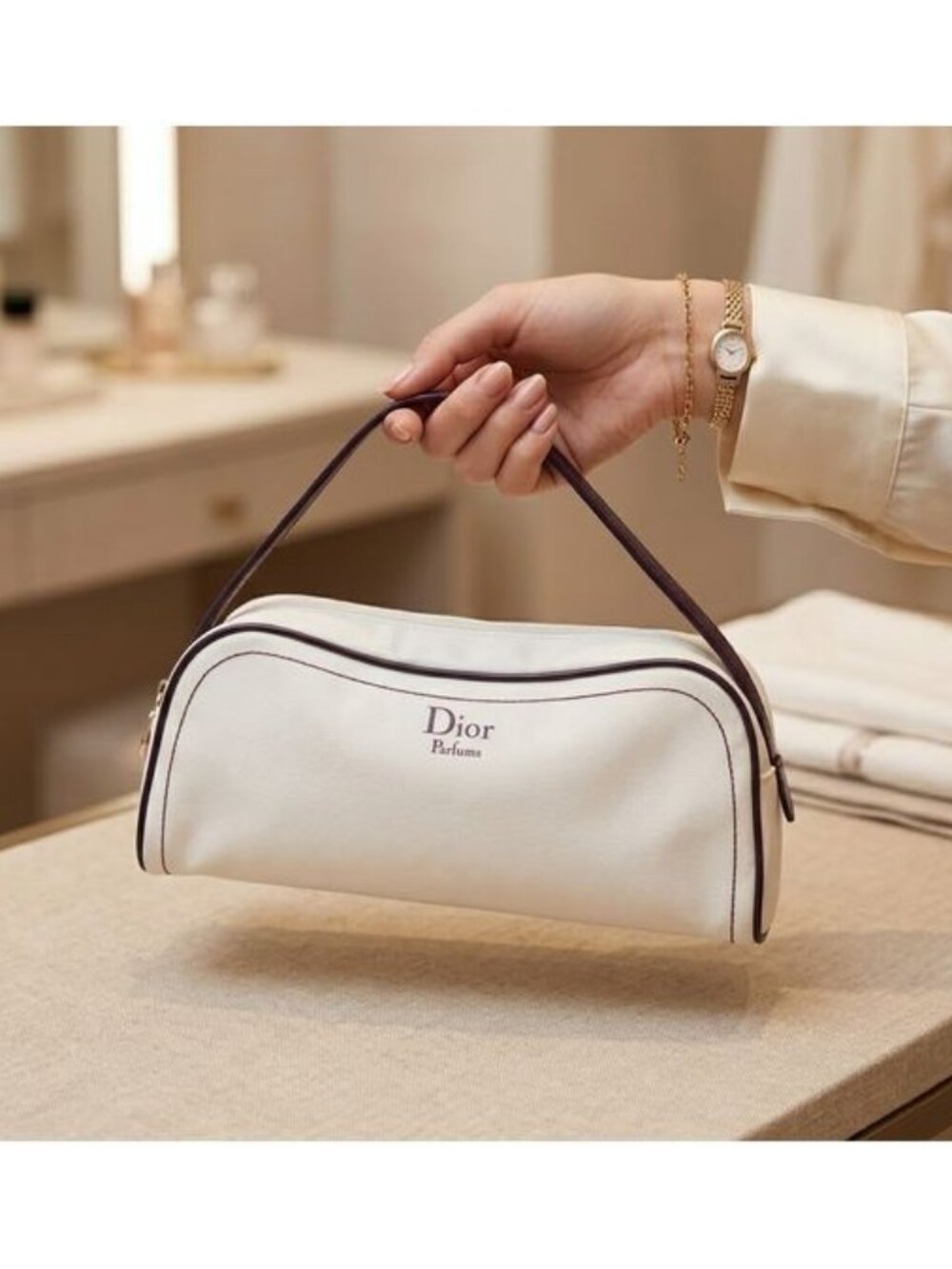 Dior Parfums white Satin Cosmetic Makeup Zip Closure Clutch Bag Pouch